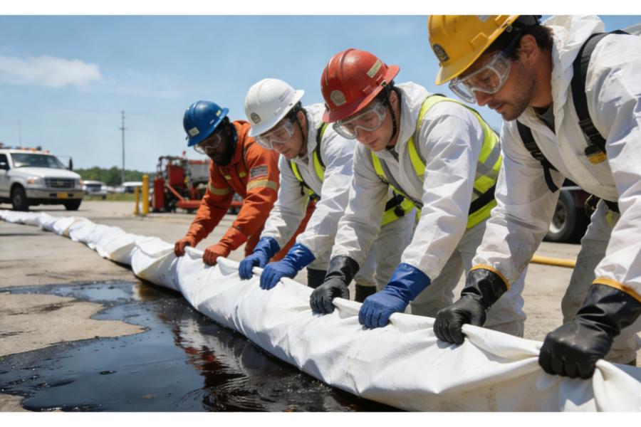 The construction team's portable containment berm contains a diesel hose leak