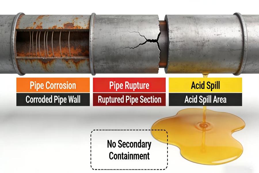 The diagram illustrates how structural failure led to pipe rupture and chemical leaks