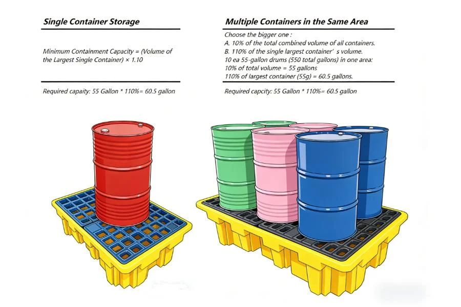 How to calculate secondary containment capacity using the EPA 110 percent rule formula for multiple containers