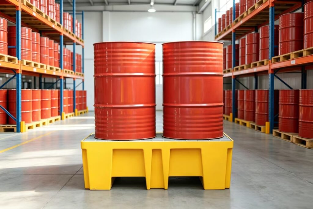 Upquark 2-drum spill containment pallet providing secondary containment for industrial oil drums.