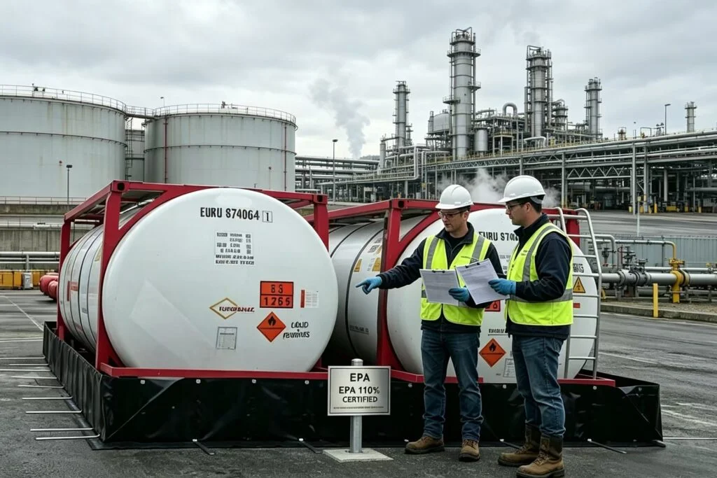 A realistic photograph of a massive industrial oil storage tank sitting securely inside a heavy-duty UPQRK secondary containment berm at a refinery. Two compliance experts in safety gear inspect the berm near a plaque that reads 'EPA 110% CERTIFIED' while holding an SPCC checklist.