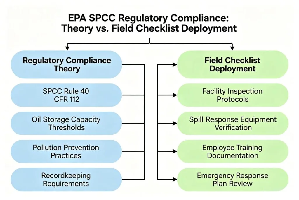 Infographic decision tree separating EPA SPCC regulatory compliance theory from physical facility field checklist deployment.