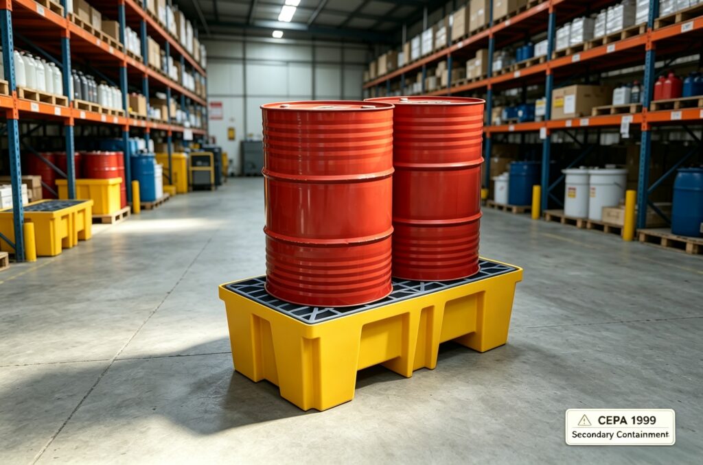 ALTHeavy-duty UPQUARK 2-drum spill containment pallet providing secondary containment for CEPA 1999 compliance in a warehouse.