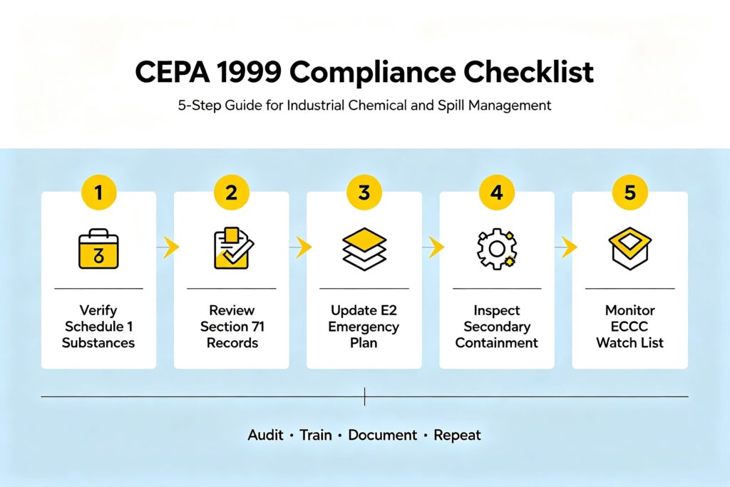 Infographic displaying the 5-step CEPA 1999 compliance checklist for industrial chemical and spill management.