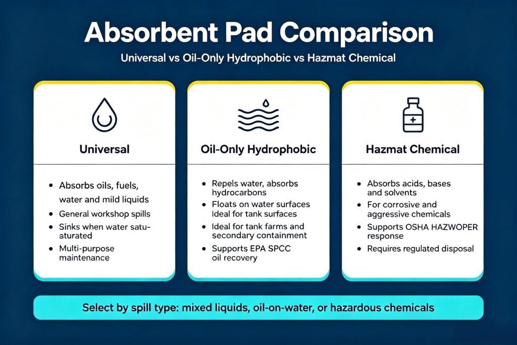 Comparison chart showing absorption differences between universal, oil-only hydrophobic, and hazmat chemical sorbent pads.