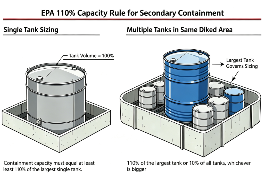Diagram illustrating the EPA 110 percent capacity rule for secondary containment of oil tanks.”