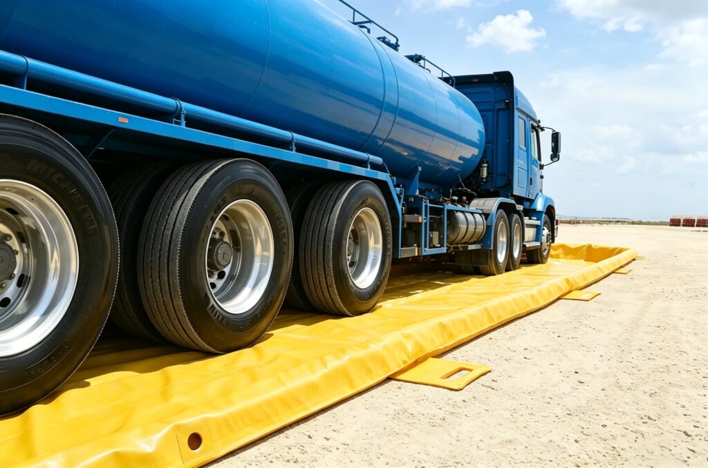 Drive-over flexible secondary containment spill berm deployed under an oil tanker truck.