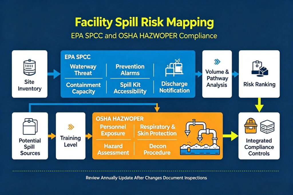 Flowchart mapping facility spill risks to EPA SPCC and OSHA HAZWOPER regulatory compliance standards.