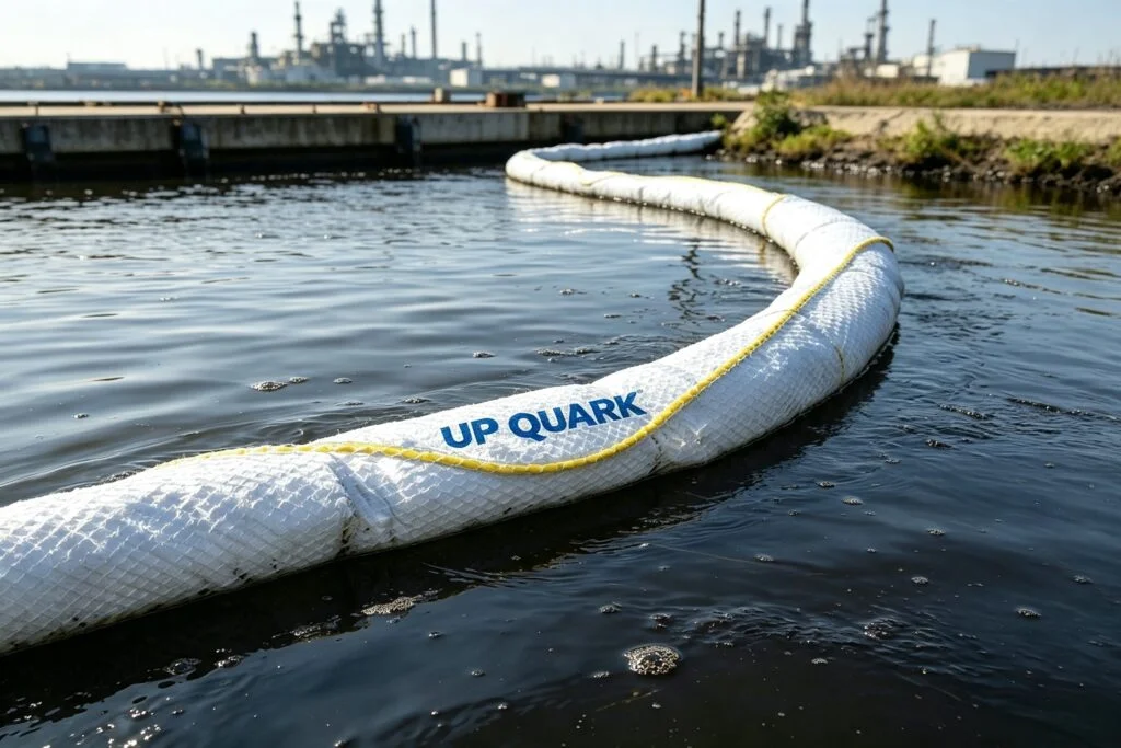 Hydrophobic oil-only absorbent boom floating on water containing oil spill for petrochemical SPCC compliance.