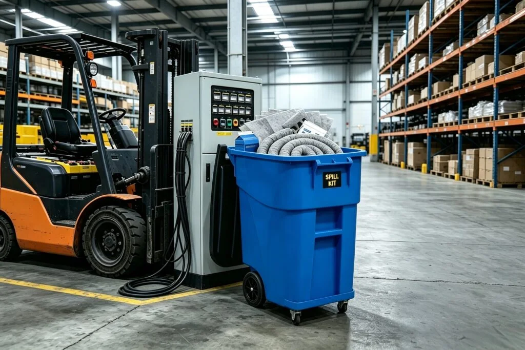 Mobile emergency spill kit caddy stationed near forklift battery charging station in a distribution warehouse.