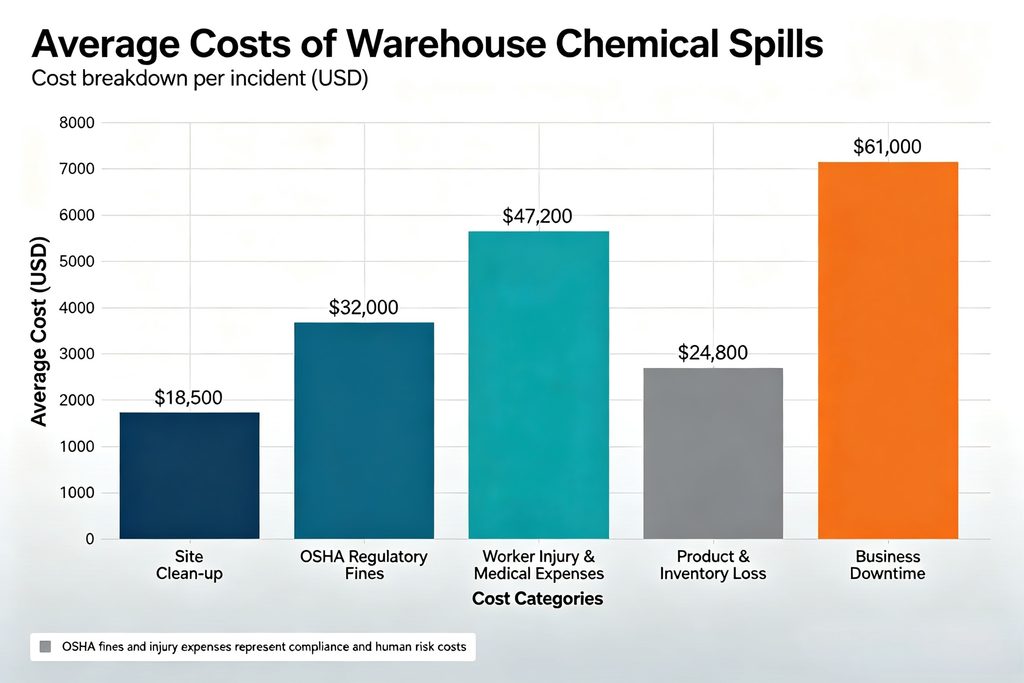 Bar chart showing average costs of warehouse chemical spills including OSHA fines and worker injury expenses