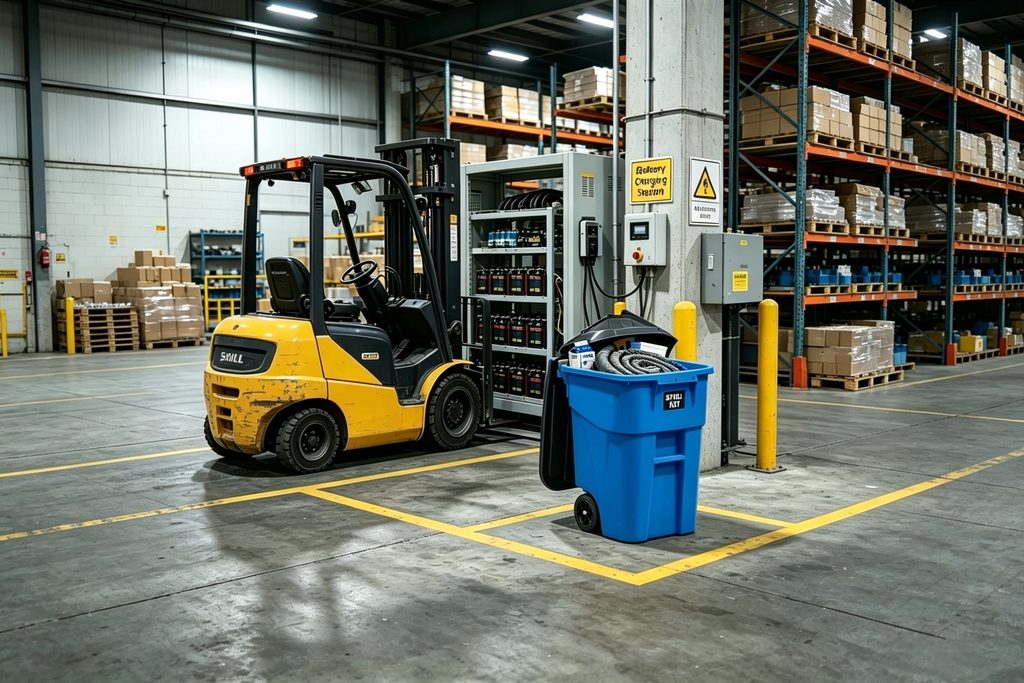 UPQUARK Hazmat chemical spill kit stationed next to forklift battery charging station in a logistics warehouse