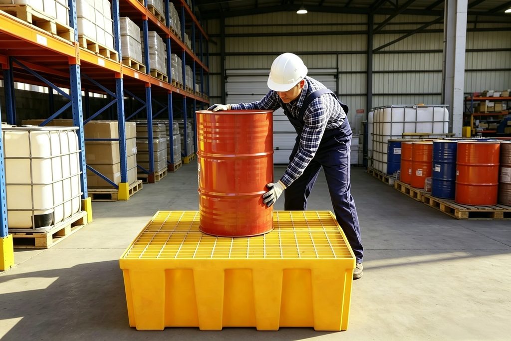 Yellow 4-drum spill containment pallet used for secondary chemical storage in an industrial facility